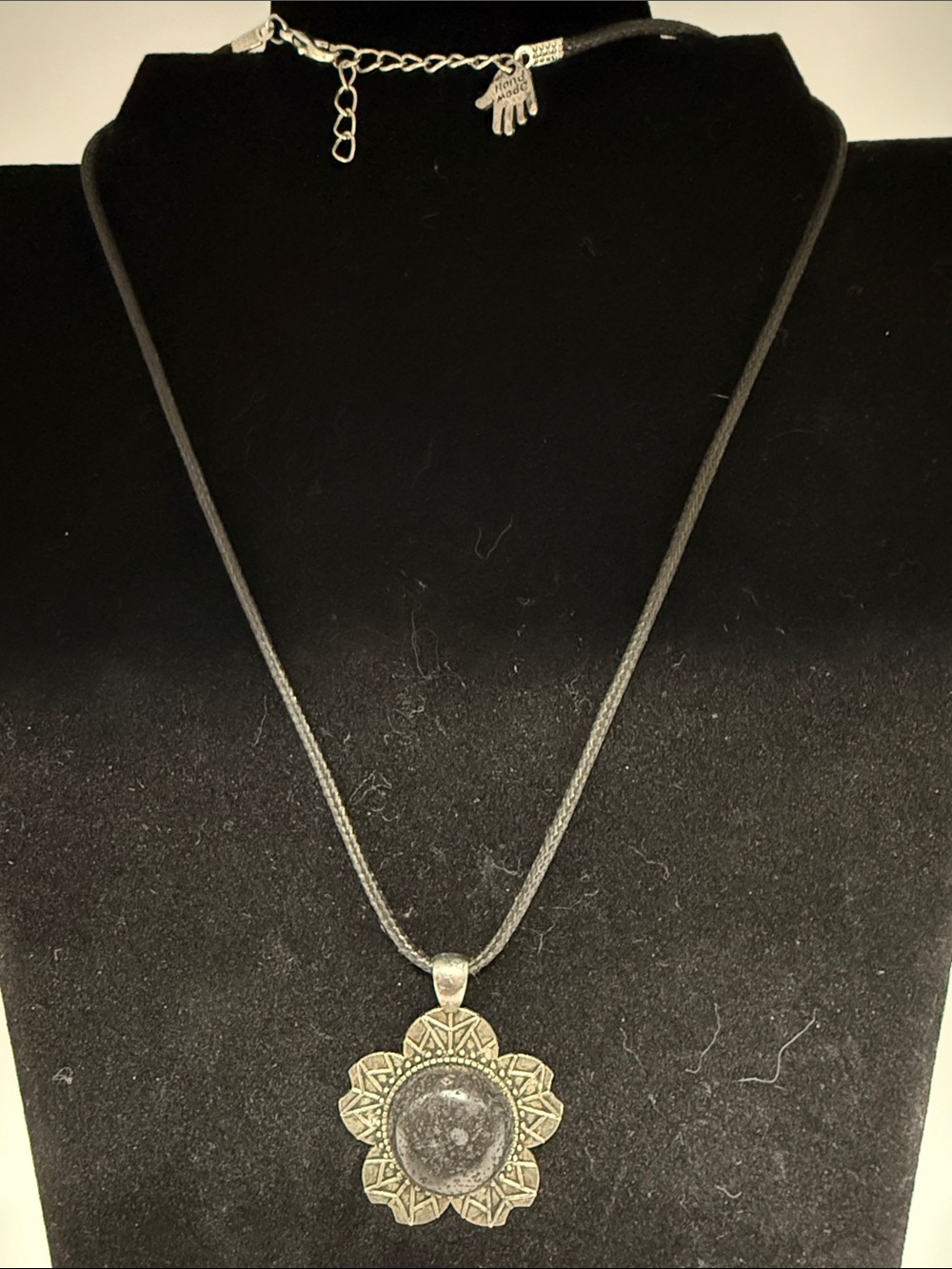 Handmade Boho Silver Tone Flower Pendant Necklace - Black Cord